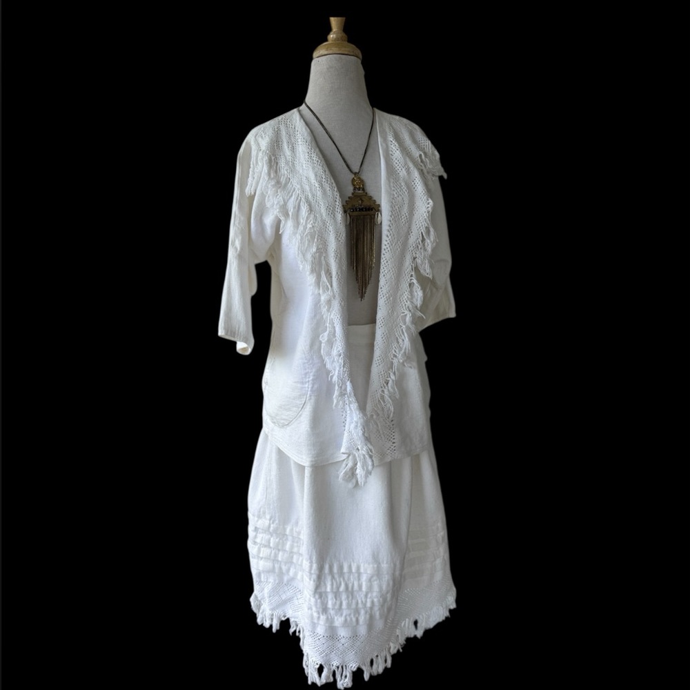 Vtg Dis Art White Skirt Suit 2pc Fringe Peasant Sz L Mexican Cotton Boho 70s